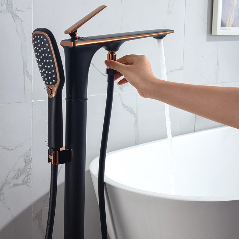 Modern Free Standing Tub Filler Faucet Copper with Hand Shower Freestanding Faucet Black-Gold Gooseneck Lever Handles Clearhalo 'Bathroom Remodel & Bathroom Fixtures' 'Bathtub Faucets' 'bathtub_faucets' 'Home Improvement' 'home_improvement' 'home_improvement_bathtub_faucets' 7260788