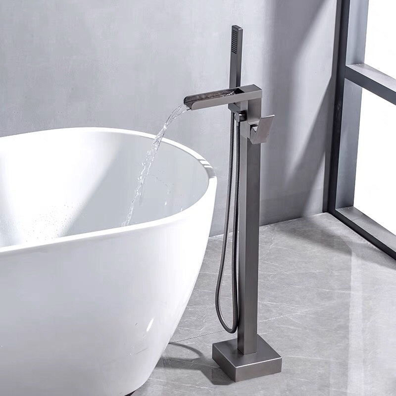 Modern Free Standing Tub Filler Faucet Copper with Hand Shower Freestanding Faucet Gun Grey Waterfall Comes Out Lever Handles Clearhalo 'Bathroom Remodel & Bathroom Fixtures' 'Bathtub Faucets' 'bathtub_faucets' 'Home Improvement' 'home_improvement' 'home_improvement_bathtub_faucets' 7260793