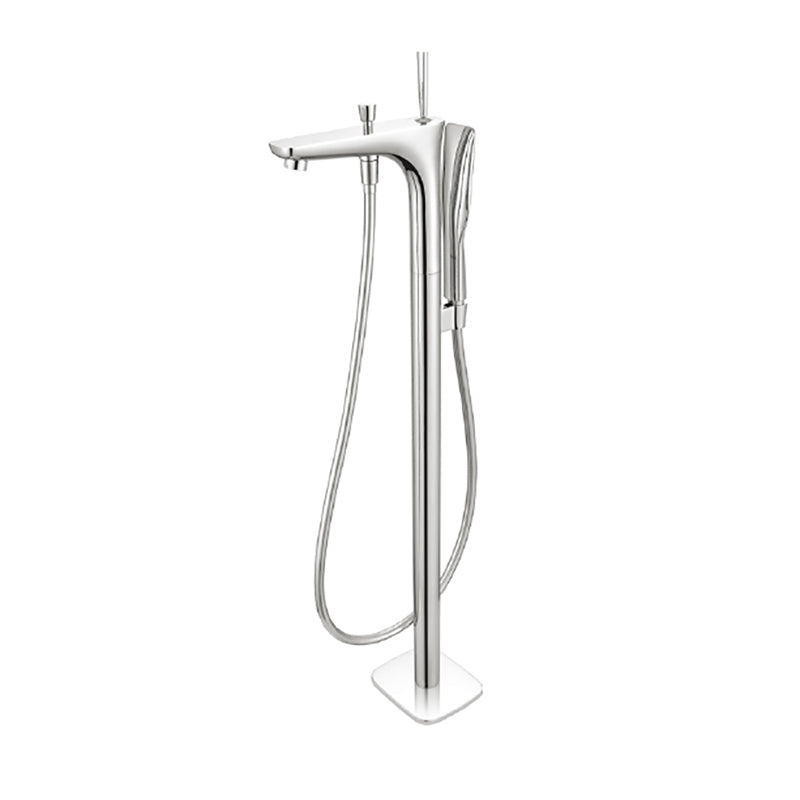 Modern Free Standing Tub Filler Faucet Copper with Hand Shower Freestanding Faucet Silver Gooseneck Cylindrical Handle Clearhalo 'Bathroom Remodel & Bathroom Fixtures' 'Bathtub Faucets' 'bathtub_faucets' 'Home Improvement' 'home_improvement' 'home_improvement_bathtub_faucets' 7260800