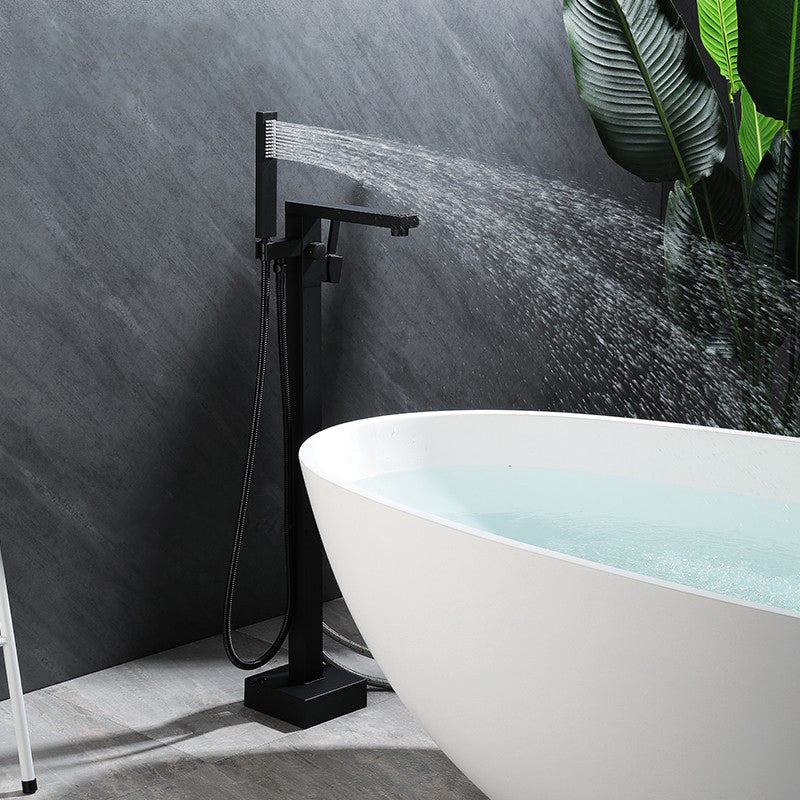 Modern Free Standing Tub Filler Faucet Copper with Handheld Shower Tub Filler Black Square/ Rectangle Ground Clearhalo 'Bathroom Remodel & Bathroom Fixtures' 'Bathtub Faucets' 'bathtub_faucets' 'Home Improvement' 'home_improvement' 'home_improvement_bathtub_faucets' 7260807