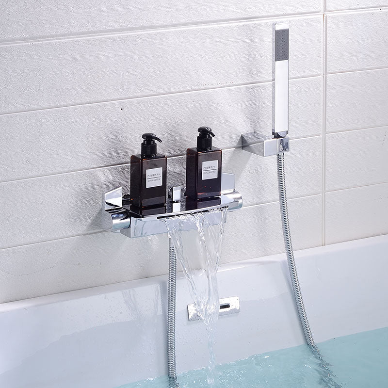 Modern Bathroom Faucet Copper Wall Mount Waterfall with Handheld Shower Tub Spouts Silver Waterfall & Handheld Shower Clearhalo 'Bathroom Remodel & Bathroom Fixtures' 'Bathtub Faucets' 'bathtub_faucets' 'Home Improvement' 'home_improvement' 'home_improvement_bathtub_faucets' 7260826