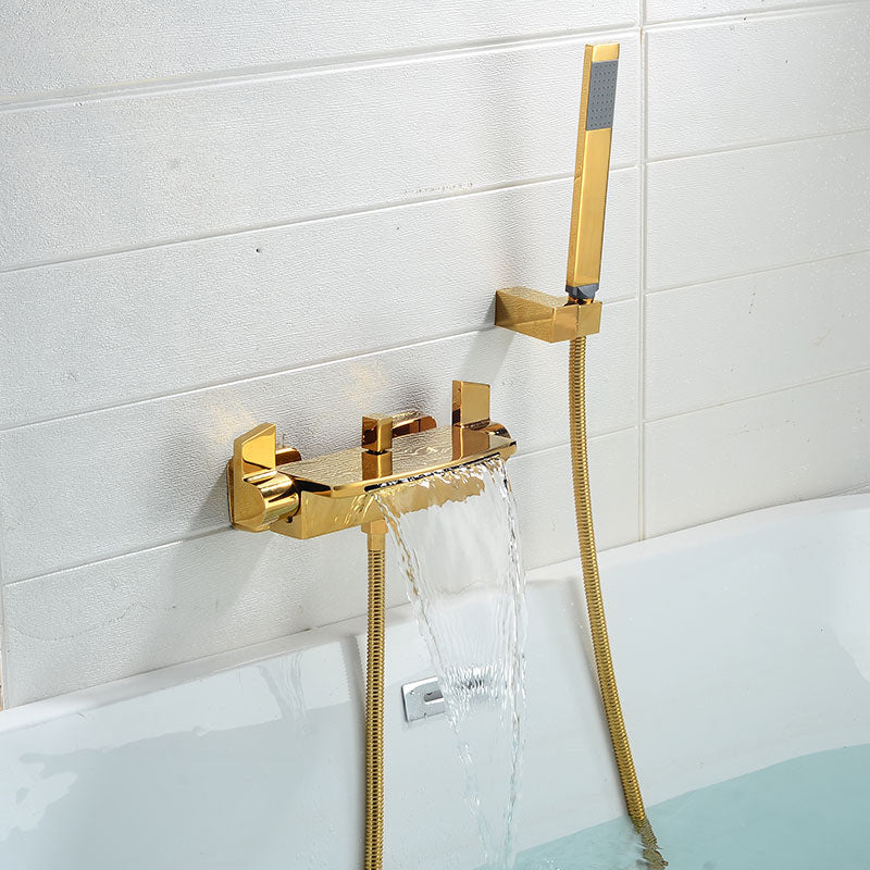Modern Bathroom Faucet Copper Wall Mount Waterfall with Handheld Shower Tub Spouts Gold Waterfall & Handheld Shower Clearhalo 'Bathroom Remodel & Bathroom Fixtures' 'Bathtub Faucets' 'bathtub_faucets' 'Home Improvement' 'home_improvement' 'home_improvement_bathtub_faucets' 7260832