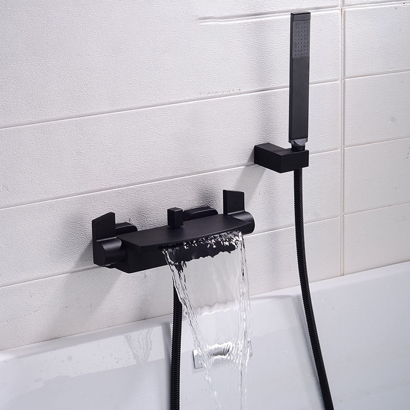 Modern Bathroom Faucet Copper Wall Mount Waterfall with Handheld Shower Tub Spouts Black Waterfall & Handheld Shower Clearhalo 'Bathroom Remodel & Bathroom Fixtures' 'Bathtub Faucets' 'bathtub_faucets' 'Home Improvement' 'home_improvement' 'home_improvement_bathtub_faucets' 7260838