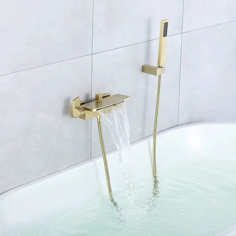 Modern Bathroom Faucet Copper Wall Mount Waterfall with Handheld Shower Tub Spouts Golden Waterfall & Handheld Shower Clearhalo 'Bathroom Remodel & Bathroom Fixtures' 'Bathtub Faucets' 'bathtub_faucets' 'Home Improvement' 'home_improvement' 'home_improvement_bathtub_faucets' 7260845
