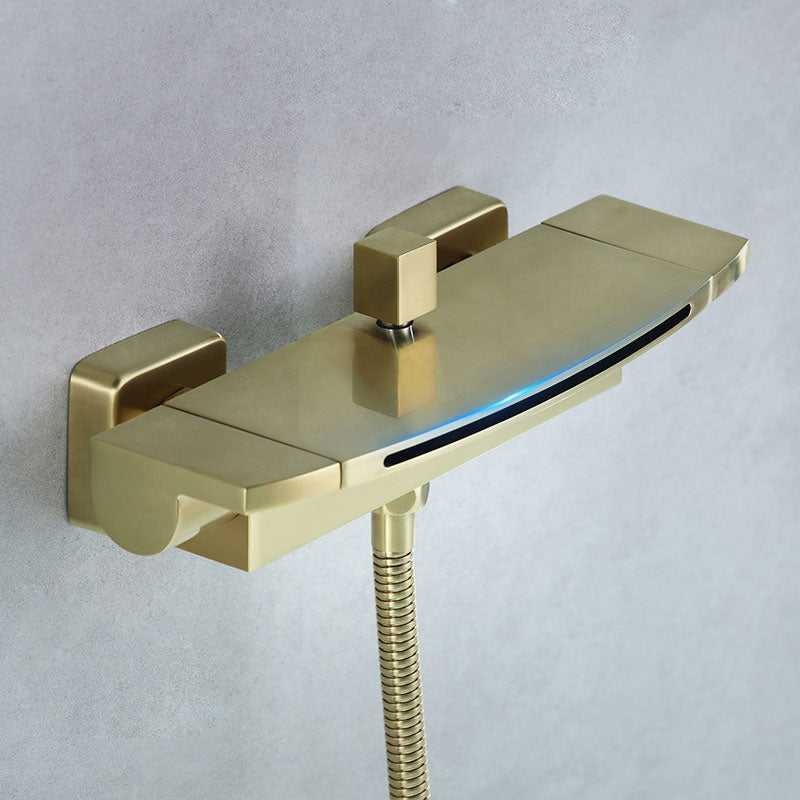 Modern Bathroom Faucet Copper Wall Mount Waterfall with Handheld Shower Tub Spouts Golden Difunctional Water Outlet Clearhalo 'Bathroom Remodel & Bathroom Fixtures' 'Bathtub Faucets' 'bathtub_faucets' 'Home Improvement' 'home_improvement' 'home_improvement_bathtub_faucets' 7260846