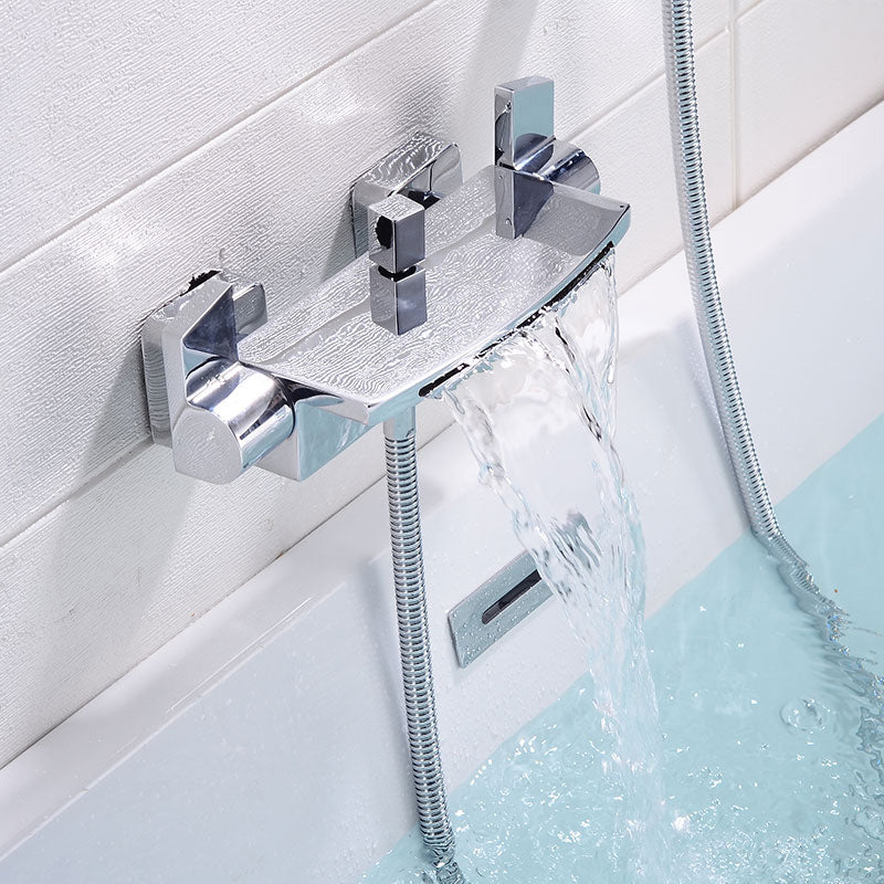 Modern Bathroom Faucet Copper Wall Mount Waterfall with Handheld Shower Tub Spouts Silver Difunctional Water Outlet Clearhalo 'Bathroom Remodel & Bathroom Fixtures' 'Bathtub Faucets' 'bathtub_faucets' 'Home Improvement' 'home_improvement' 'home_improvement_bathtub_faucets' 7260850