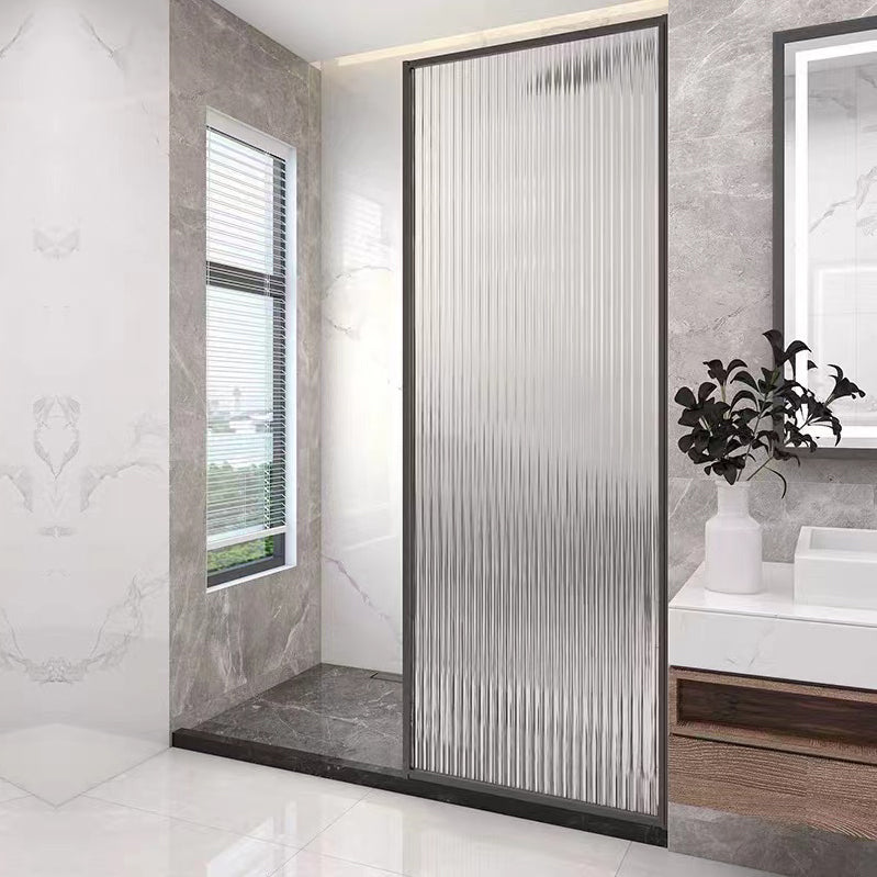 Patterned Fixed Glass Panel Matte Black Fixed Glass Panel with Square Hardware Clearhalo 'Bathroom Remodel & Bathroom Fixtures' 'Home Improvement' 'home_improvement' 'home_improvement_shower_tub_doors' 'Shower and Tub Doors' 'shower_tub_doors' 'Showers & Bathtubs' 7261491