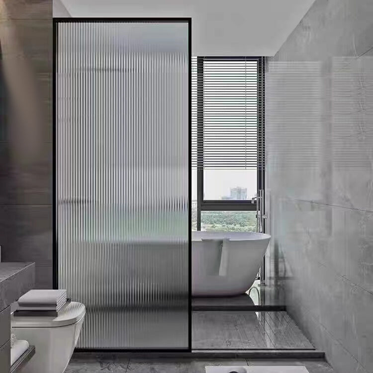 Patterned Fixed Glass Panel Matte Black Fixed Glass Panel with Square Hardware Clearhalo 'Bathroom Remodel & Bathroom Fixtures' 'Home Improvement' 'home_improvement' 'home_improvement_shower_tub_doors' 'Shower and Tub Doors' 'shower_tub_doors' 'Showers & Bathtubs' 7261494
