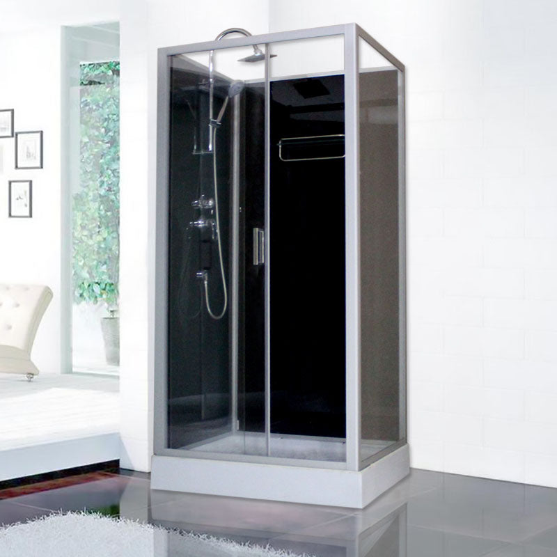 Modern Shower Kit with Base Foundation Sliding Door Shower Stall Black 31"L x 39"W x 87"H Right Clearhalo 'Bathroom Remodel & Bathroom Fixtures' 'Home Improvement' 'home_improvement' 'home_improvement_shower_stalls_enclosures' 'Shower Stalls & Enclosures' 'shower_stalls_enclosures' 'Showers & Bathtubs' 7262066