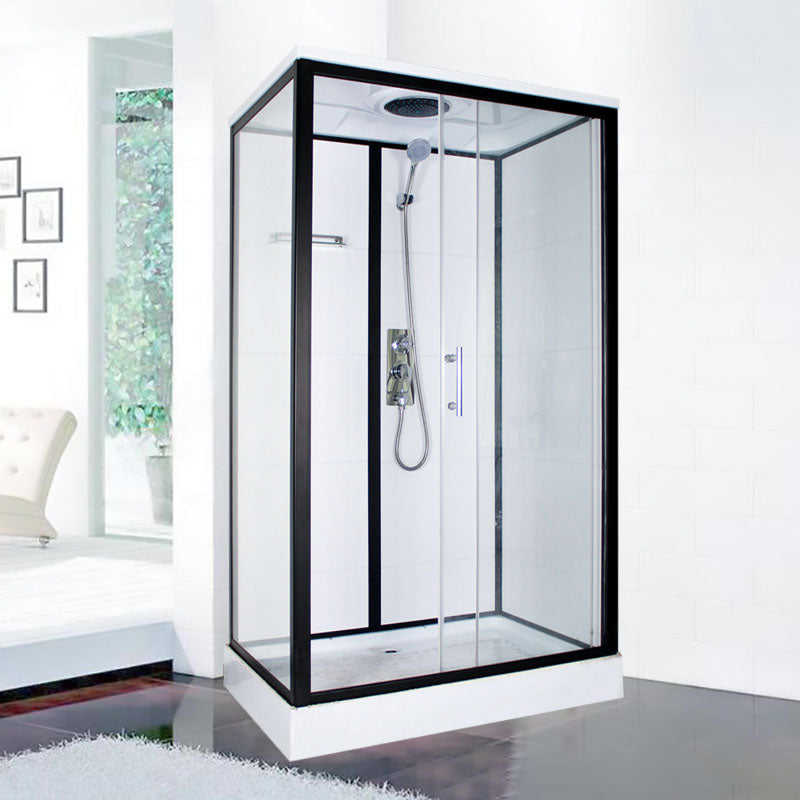 Modern Shower Kit with Base Foundation Sliding Door Shower Stall White-Black 31"L x 47"W x 87"H Right Clearhalo 'Bathroom Remodel & Bathroom Fixtures' 'Home Improvement' 'home_improvement' 'home_improvement_shower_stalls_enclosures' 'Shower Stalls & Enclosures' 'shower_stalls_enclosures' 'Showers & Bathtubs' 7262067