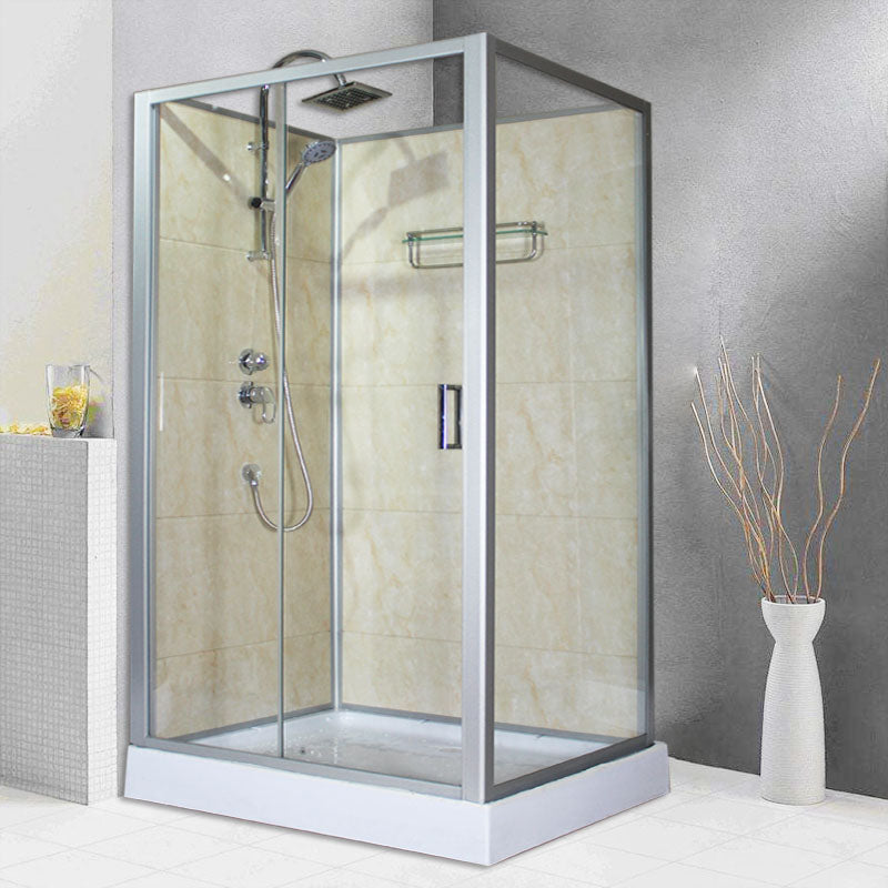 Modern Shower Kit with Base Foundation Sliding Door Shower Stall Natural Wood/ White 31"L x 47"W x 87"H Right Clearhalo 'Bathroom Remodel & Bathroom Fixtures' 'Home Improvement' 'home_improvement' 'home_improvement_shower_stalls_enclosures' 'Shower Stalls & Enclosures' 'shower_stalls_enclosures' 'Showers & Bathtubs' 7262069