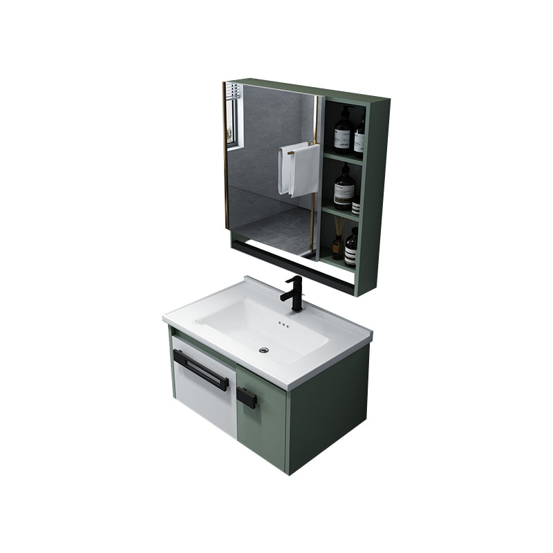 Glam Wood Sink Vanity Wood Wall Mount Bathroom Vanity with Mirror Vanity & Faucet & Mirror Cabinet 28"L x 19"W x 16"H Ceramic Clearhalo 'Bathroom Remodel & Bathroom Fixtures' 'Bathroom Vanities' 'bathroom_vanities' 'Home Improvement' 'home_improvement' 'home_improvement_bathroom_vanities' 7263447