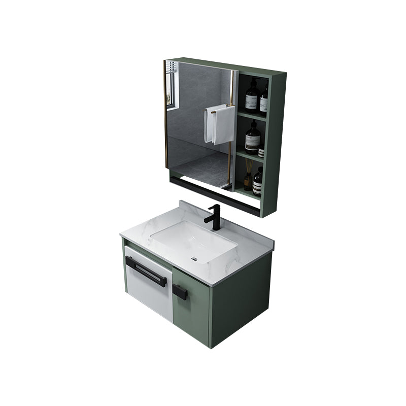 Glam Wood Sink Vanity Wood Wall Mount Bathroom Vanity with Mirror Vanity & Faucet & Mirror Cabinet 28"L x 19"W x 16"H Stone Clearhalo 'Bathroom Remodel & Bathroom Fixtures' 'Bathroom Vanities' 'bathroom_vanities' 'Home Improvement' 'home_improvement' 'home_improvement_bathroom_vanities' 7263449