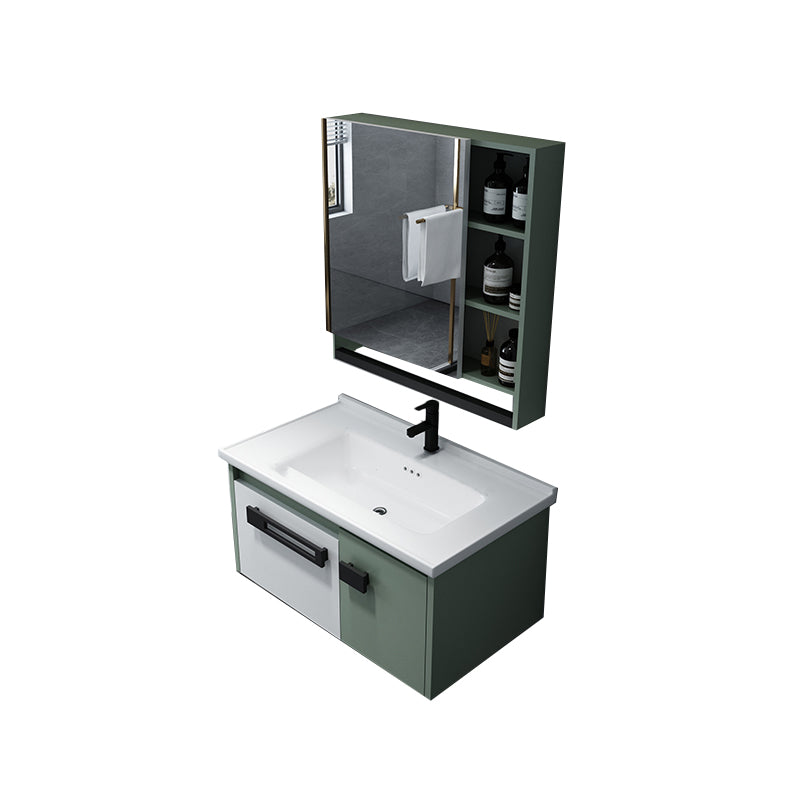 Glam Wood Sink Vanity Wood Wall Mount Bathroom Vanity with Mirror Vanity & Faucet & Mirror Cabinet 32"L x 19"W x 16"H Ceramic Clearhalo 'Bathroom Remodel & Bathroom Fixtures' 'Bathroom Vanities' 'bathroom_vanities' 'Home Improvement' 'home_improvement' 'home_improvement_bathroom_vanities' 7263452