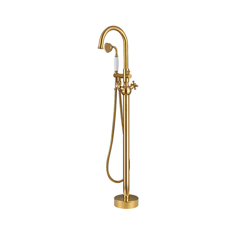 Modern Freestanding Tub Fillers Copper Floor Mounted with Handshower Bathtub Faucet Golden Round Curved Faucet Clearhalo 'Bathroom Remodel & Bathroom Fixtures' 'Bathtub Faucets' 'bathtub_faucets' 'Home Improvement' 'home_improvement' 'home_improvement_bathtub_faucets' 7266107