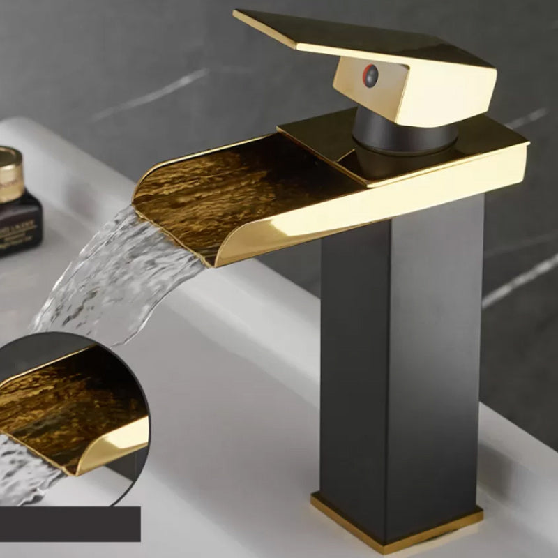 Waterfall Spout Vessel Sink Faucet Lever Handle Square Vessel Faucet Black-Gold 7" 7 Shape Clearhalo 'Bathroom Remodel & Bathroom Fixtures' 'Bathroom Sink Faucets' 'Bathroom Sinks & Faucet Components' 'bathroom_sink_faucets' 'Home Improvement' 'home_improvement' 'home_improvement_bathroom_sink_faucets' 7268703