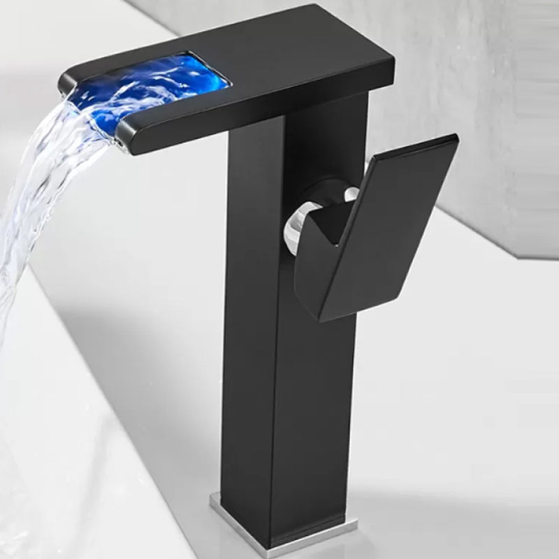 Waterfall Spout Vessel Sink Faucet Lever Handle Square Vessel Faucet Black 9.4" 7 Shape Clearhalo 'Bathroom Remodel & Bathroom Fixtures' 'Bathroom Sink Faucets' 'Bathroom Sinks & Faucet Components' 'bathroom_sink_faucets' 'Home Improvement' 'home_improvement' 'home_improvement_bathroom_sink_faucets' 7268704