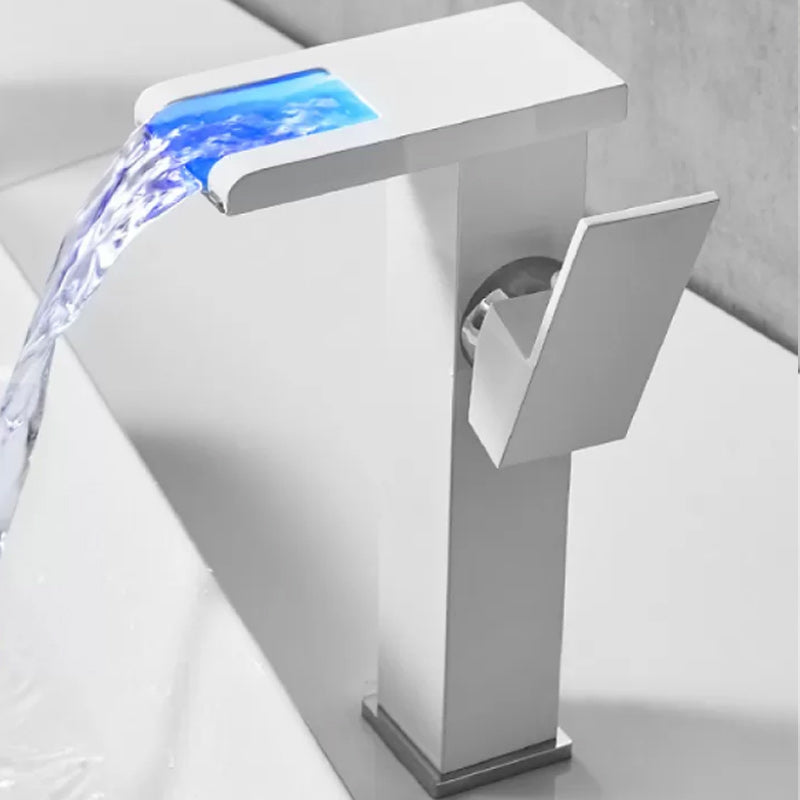 Waterfall Spout Vessel Sink Faucet Lever Handle Square Vessel Faucet White 9.4" 7 Shape Clearhalo 'Bathroom Remodel & Bathroom Fixtures' 'Bathroom Sink Faucets' 'Bathroom Sinks & Faucet Components' 'bathroom_sink_faucets' 'Home Improvement' 'home_improvement' 'home_improvement_bathroom_sink_faucets' 7268706