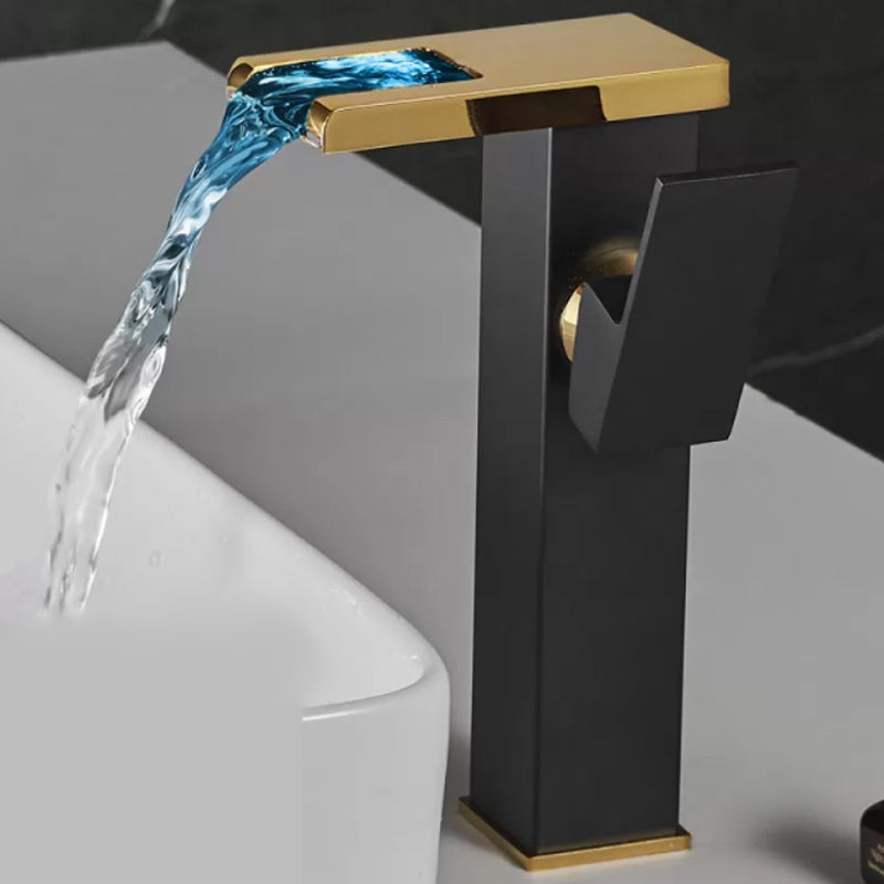 Waterfall Spout Vessel Sink Faucet Lever Handle Square Vessel Faucet Black-Gold 9.4" 7 Shape Clearhalo 'Bathroom Remodel & Bathroom Fixtures' 'Bathroom Sink Faucets' 'Bathroom Sinks & Faucet Components' 'bathroom_sink_faucets' 'Home Improvement' 'home_improvement' 'home_improvement_bathroom_sink_faucets' 7268708