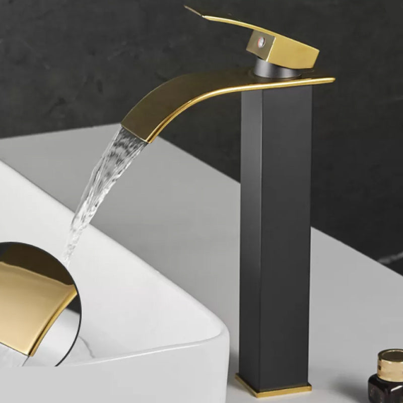 Waterfall Spout Vessel Sink Faucet Lever Handle Square Vessel Faucet Black-Gold 12" Elbow Outlet Clearhalo 'Bathroom Remodel & Bathroom Fixtures' 'Bathroom Sink Faucets' 'Bathroom Sinks & Faucet Components' 'bathroom_sink_faucets' 'Home Improvement' 'home_improvement' 'home_improvement_bathroom_sink_faucets' 7268710