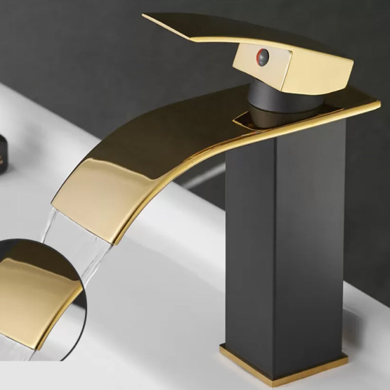 Waterfall Spout Vessel Sink Faucet Lever Handle Square Vessel Faucet Black-Gold 8.1" Elbow Outlet Clearhalo 'Bathroom Remodel & Bathroom Fixtures' 'Bathroom Sink Faucets' 'Bathroom Sinks & Faucet Components' 'bathroom_sink_faucets' 'Home Improvement' 'home_improvement' 'home_improvement_bathroom_sink_faucets' 7268712