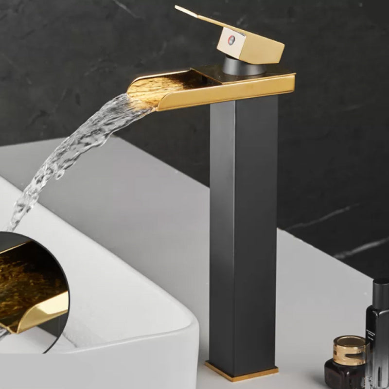 Waterfall Spout Vessel Sink Faucet Lever Handle Square Vessel Faucet Black-Gold 12.6" 7 Shape Clearhalo 'Bathroom Remodel & Bathroom Fixtures' 'Bathroom Sink Faucets' 'Bathroom Sinks & Faucet Components' 'bathroom_sink_faucets' 'Home Improvement' 'home_improvement' 'home_improvement_bathroom_sink_faucets' 7268715