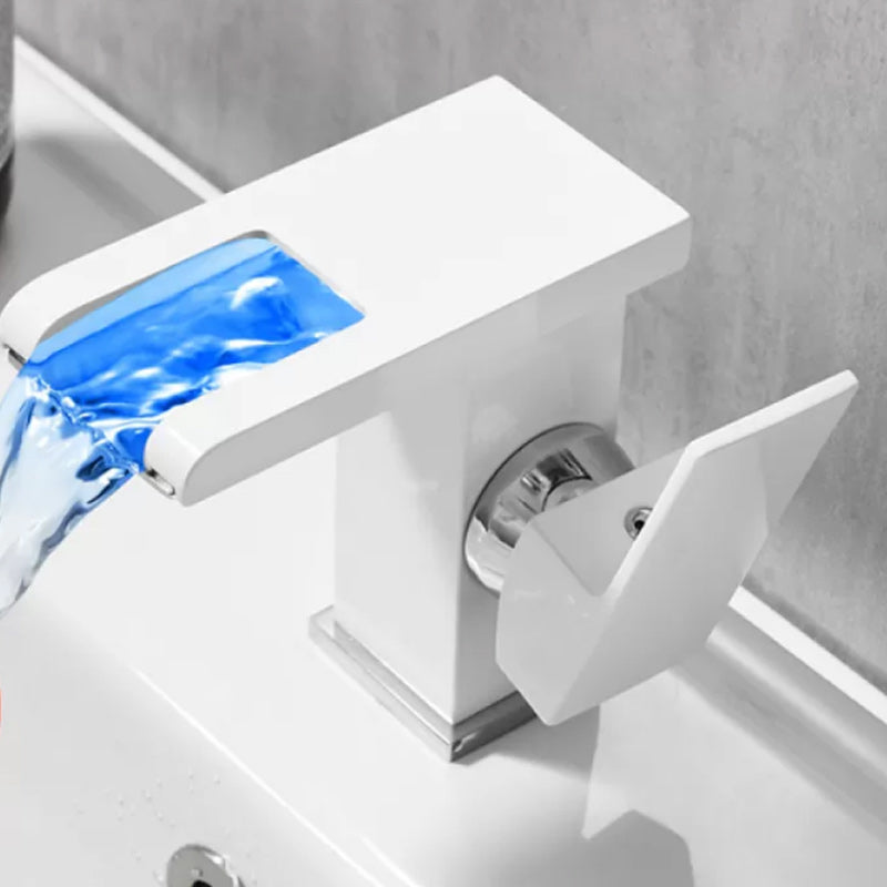 Waterfall Spout Vessel Sink Faucet Lever Handle Square Vessel Faucet White 4.9" 7 Shape Clearhalo 'Bathroom Remodel & Bathroom Fixtures' 'Bathroom Sink Faucets' 'Bathroom Sinks & Faucet Components' 'bathroom_sink_faucets' 'Home Improvement' 'home_improvement' 'home_improvement_bathroom_sink_faucets' 7268718