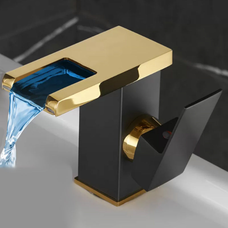 Waterfall Spout Vessel Sink Faucet Lever Handle Square Vessel Faucet Black-Gold 4.9" 7 Shape Clearhalo 'Bathroom Remodel & Bathroom Fixtures' 'Bathroom Sink Faucets' 'Bathroom Sinks & Faucet Components' 'bathroom_sink_faucets' 'Home Improvement' 'home_improvement' 'home_improvement_bathroom_sink_faucets' 7268720