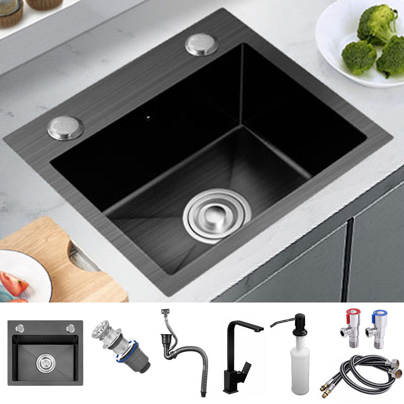 Single Basin Kitchen Sink Stainless Steel Black Kitchen Sink with Drain Assembly Sink with Faucet Square Faucet Clearhalo 'Home Improvement' 'home_improvement' 'home_improvement_kitchen_sinks' 'Kitchen Remodel & Kitchen Fixtures' 'Kitchen Sinks & Faucet Components' 'Kitchen Sinks' 'kitchen_sinks' 7268946