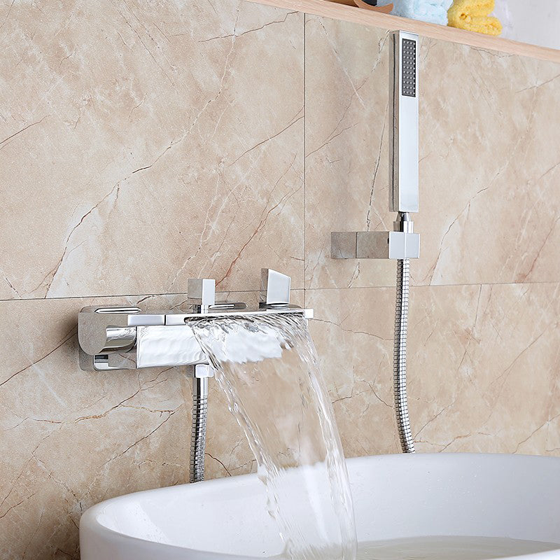 Modern Tub Faucet Trim Copper with Handheld Shower Wall Mount Bath Filler Silver Hand Shower Included Clearhalo 'Bathroom Remodel & Bathroom Fixtures' 'Bathtub Faucets' 'bathtub_faucets' 'Home Improvement' 'home_improvement' 'home_improvement_bathtub_faucets' 7268962