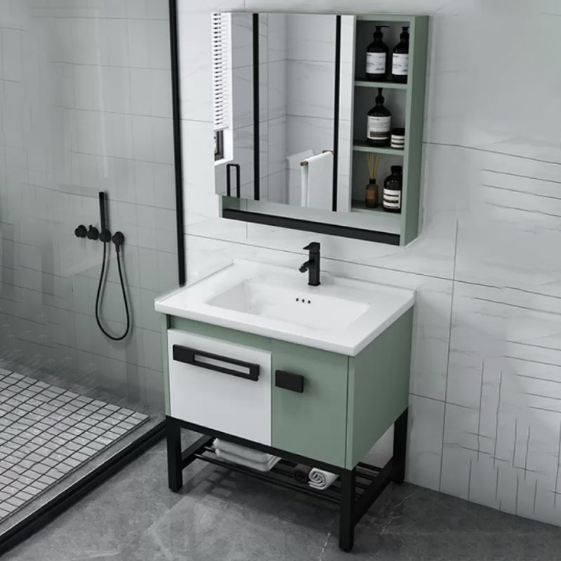 Modern Bathroom Sink Vanity Freestanding Vanity Set with Mirror Vanity & Faucet & Mirror Cabinet 28"L x 19"W x 32"H Ceramic Clearhalo 'Bathroom Remodel & Bathroom Fixtures' 'Bathroom Vanities' 'bathroom_vanities' 'Home Improvement' 'home_improvement' 'home_improvement_bathroom_vanities' 7270538