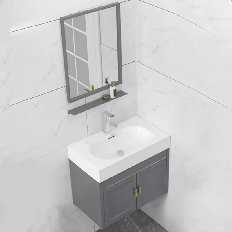 Glam Single Ceramic Top Vanity Oval Wall Mount Vanity Set with Mirror Vanity & Faucet & Mirrors 24"L x 14"W x 19"H Gray Clearhalo 'Bathroom Remodel & Bathroom Fixtures' 'Bathroom Vanities' 'bathroom_vanities' 'Home Improvement' 'home_improvement' 'home_improvement_bathroom_vanities' 7270580