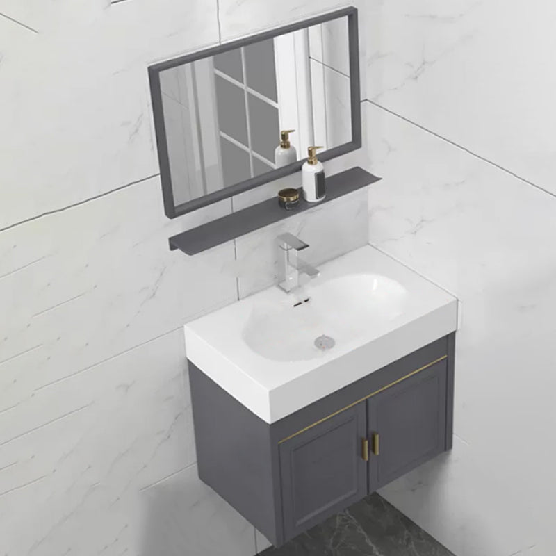 Glam Single Ceramic Top Vanity Oval Wall Mount Vanity Set with Mirror Vanity & Faucet & Mirrors 28"L x 15"W x 19"H Gray Clearhalo 'Bathroom Remodel & Bathroom Fixtures' 'Bathroom Vanities' 'bathroom_vanities' 'Home Improvement' 'home_improvement' 'home_improvement_bathroom_vanities' 7270581