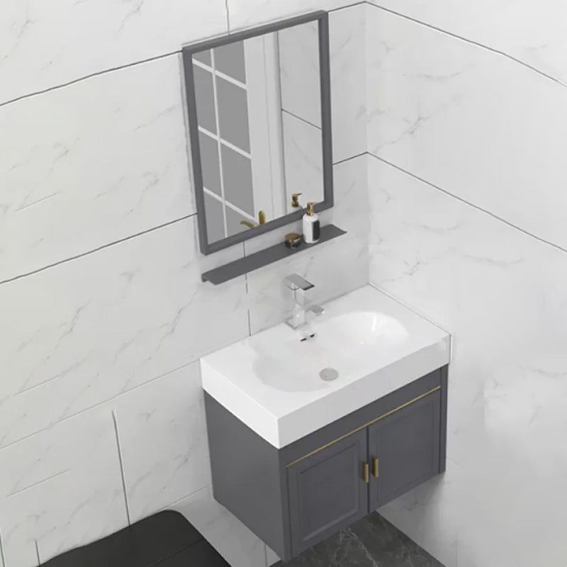 Glam Single Ceramic Top Vanity Oval Wall Mount Vanity Set with Mirror Vanity & Faucet & Mirrors 20"L x 14"W x 19"H Gray Clearhalo 'Bathroom Remodel & Bathroom Fixtures' 'Bathroom Vanities' 'bathroom_vanities' 'Home Improvement' 'home_improvement' 'home_improvement_bathroom_vanities' 7270583