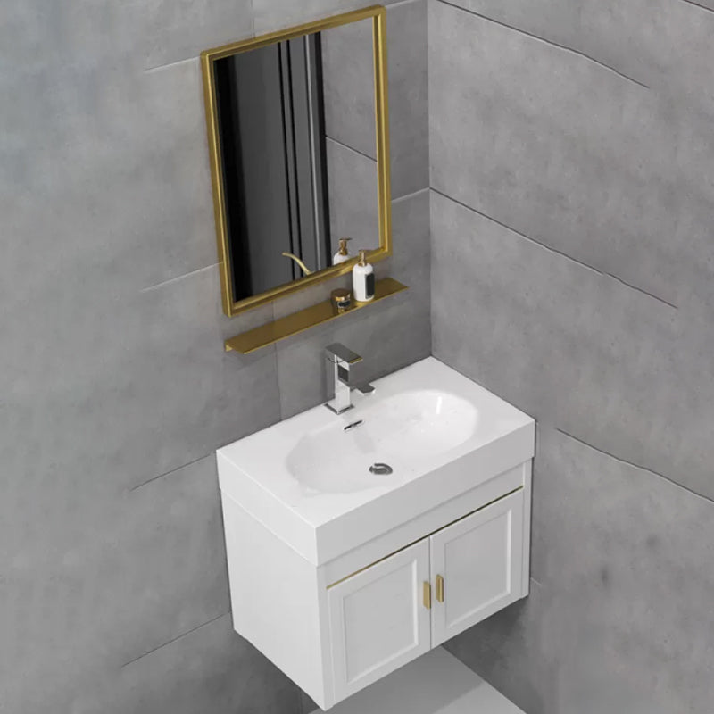 Glam Single Ceramic Top Vanity Oval Wall Mount Vanity Set with Mirror Vanity & Faucet & Mirrors 24"L x 14"W x 19"H White Clearhalo 'Bathroom Remodel & Bathroom Fixtures' 'Bathroom Vanities' 'bathroom_vanities' 'Home Improvement' 'home_improvement' 'home_improvement_bathroom_vanities' 7270585