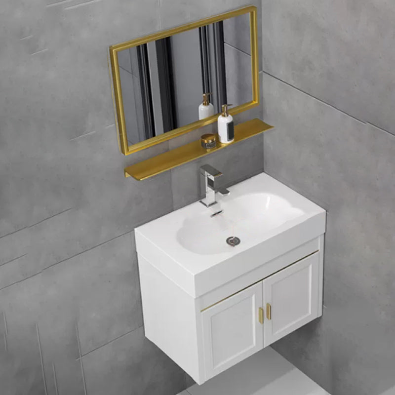 Glam Single Ceramic Top Vanity Oval Wall Mount Vanity Set with Mirror Vanity & Faucet & Mirrors 28"L x 15"W x 19"H White Clearhalo 'Bathroom Remodel & Bathroom Fixtures' 'Bathroom Vanities' 'bathroom_vanities' 'Home Improvement' 'home_improvement' 'home_improvement_bathroom_vanities' 7270587