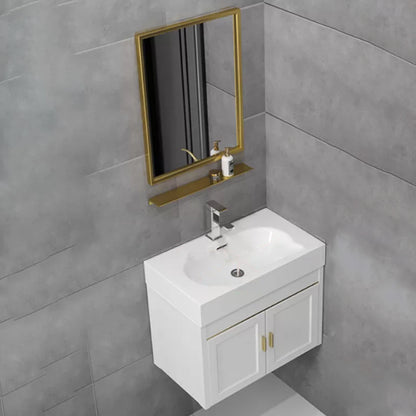 Glam Single Ceramic Top Vanity Oval Wall Mount Vanity Set with Mirror Vanity & Faucet & Mirrors 20"L x 14"W x 19"H White Clearhalo 'Bathroom Remodel & Bathroom Fixtures' 'Bathroom Vanities' 'bathroom_vanities' 'Home Improvement' 'home_improvement' 'home_improvement_bathroom_vanities' 7270590