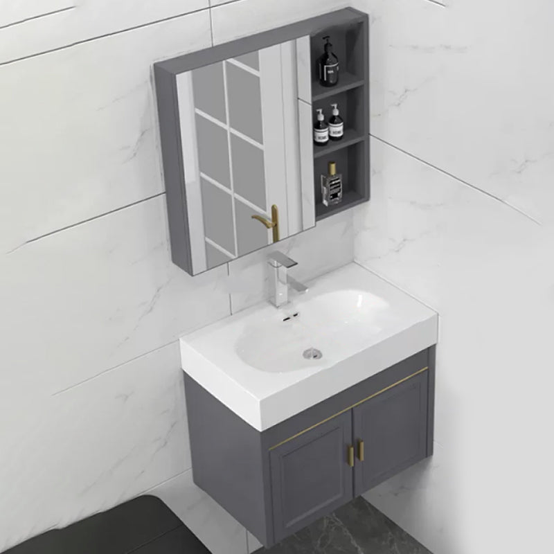 Glam Single Ceramic Top Vanity Oval Wall Mount Vanity Set with Mirror Vanity & Faucet & Mirror Cabinet 28"L x 15"W x 19"H Gray Clearhalo 'Bathroom Remodel & Bathroom Fixtures' 'Bathroom Vanities' 'bathroom_vanities' 'Home Improvement' 'home_improvement' 'home_improvement_bathroom_vanities' 7270593