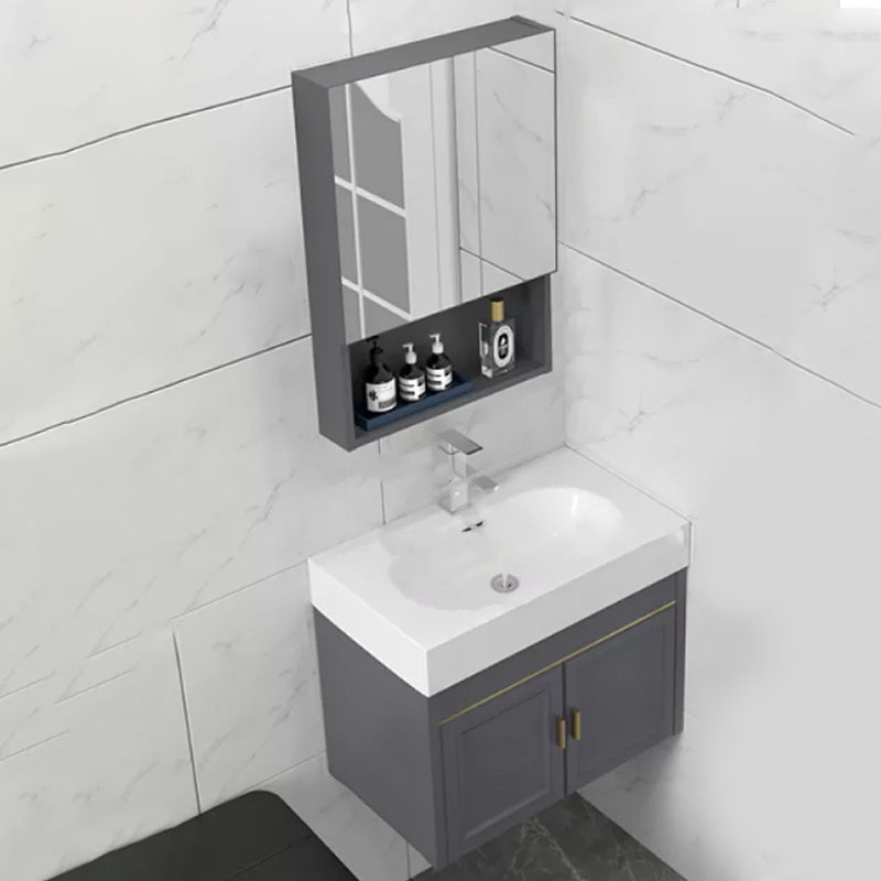 Glam Single Ceramic Top Vanity Oval Wall Mount Vanity Set with Mirror Vanity & Faucet & Mirror Cabinet 20"L x 14"W x 19"H Gray Clearhalo 'Bathroom Remodel & Bathroom Fixtures' 'Bathroom Vanities' 'bathroom_vanities' 'Home Improvement' 'home_improvement' 'home_improvement_bathroom_vanities' 7270595