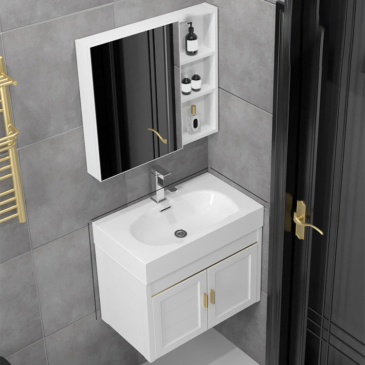 Glam Single Ceramic Top Vanity Oval Wall Mount Vanity Set with Mirror Clearhalo 'Bathroom Remodel & Bathroom Fixtures' 'Bathroom Vanities' 'bathroom_vanities' 'Home Improvement' 'home_improvement' 'home_improvement_bathroom_vanities' 7270596