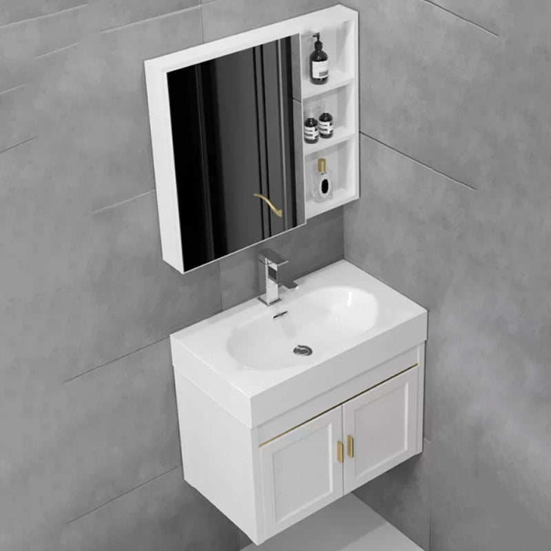 Glam Single Ceramic Top Vanity Oval Wall Mount Vanity Set with Mirror Vanity & Faucet & Mirror Cabinet 24"L x 14"W x 19"H White Clearhalo 'Bathroom Remodel & Bathroom Fixtures' 'Bathroom Vanities' 'bathroom_vanities' 'Home Improvement' 'home_improvement' 'home_improvement_bathroom_vanities' 7270598