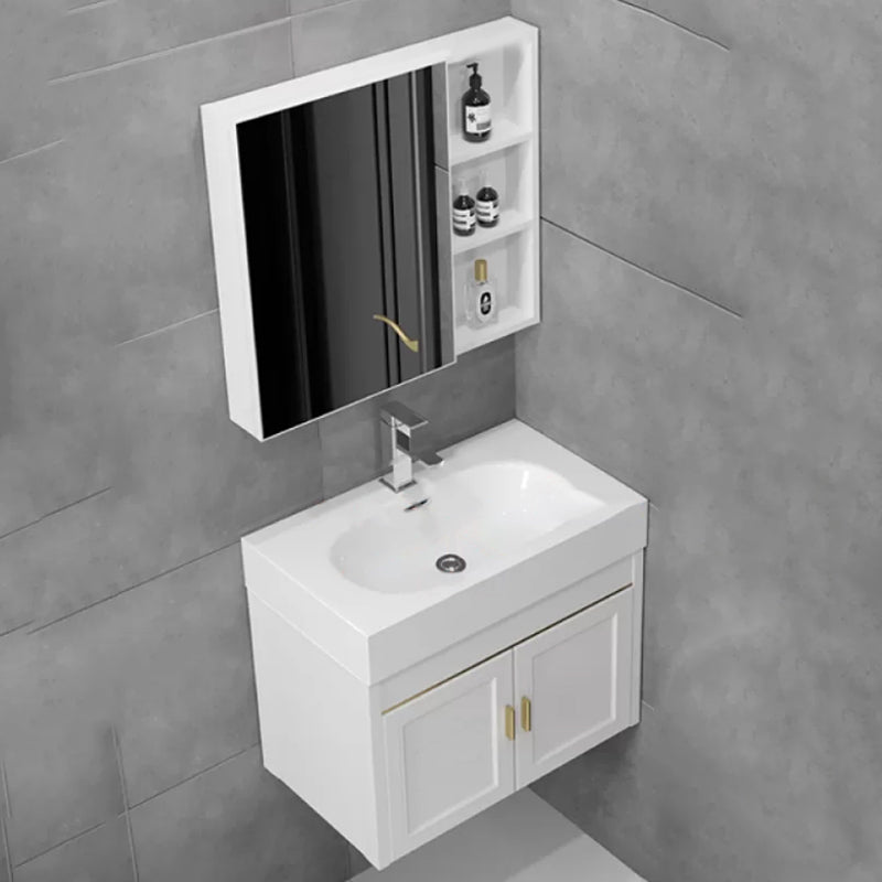 Glam Single Ceramic Top Vanity Oval Wall Mount Vanity Set with Mirror Vanity & Faucet & Mirror Cabinet 28"L x 15"W x 19"H White Clearhalo 'Bathroom Remodel & Bathroom Fixtures' 'Bathroom Vanities' 'bathroom_vanities' 'Home Improvement' 'home_improvement' 'home_improvement_bathroom_vanities' 7270599