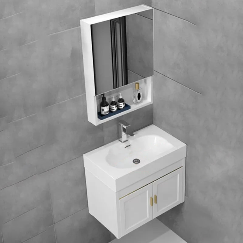 Glam Single Ceramic Top Vanity Oval Wall Mount Vanity Set with Mirror Vanity & Faucet & Mirror Cabinet 20"L x 14"W x 19"H White Clearhalo 'Bathroom Remodel & Bathroom Fixtures' 'Bathroom Vanities' 'bathroom_vanities' 'Home Improvement' 'home_improvement' 'home_improvement_bathroom_vanities' 7270600