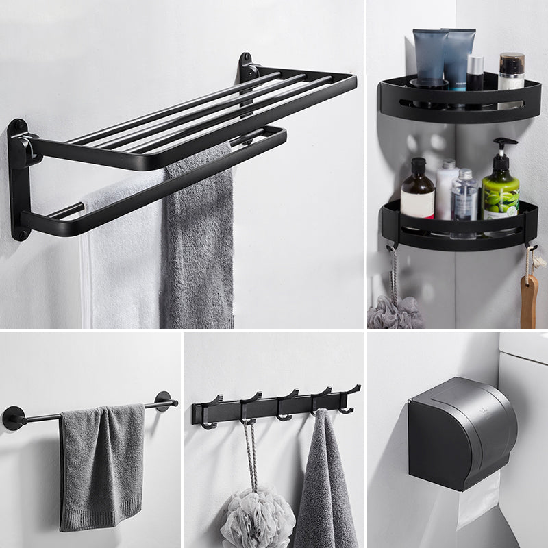 Modern Bathroom Hardware Set Matte Black Metal Bathroom Accessory Kit Anti-rust 6-Piece Set (Row Hook) Clearhalo 'Bathroom Hardware Sets' 'Bathroom Hardware' 'Bathroom Remodel & Bathroom Fixtures' 'bathroom_hardware_sets' 'Home Improvement' 'home_improvement' 'home_improvement_bathroom_hardware_sets' 7273315