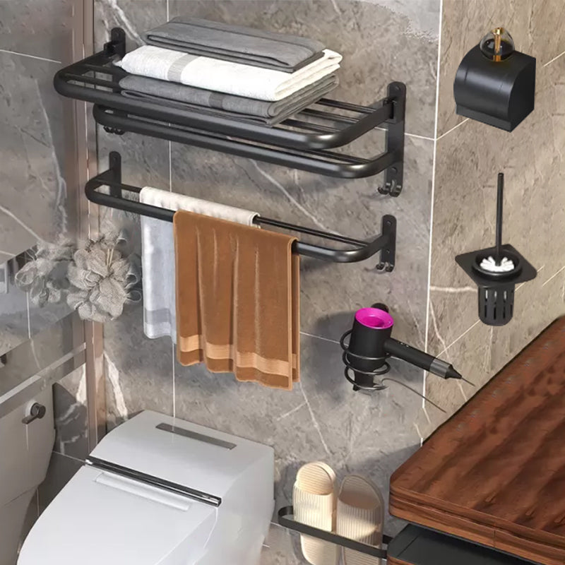 Modern Bathroom Hardware Set Matte Black Metal Bathroom Accessory Kit 6-Piece Set (Towel Bar) Clearhalo 'Bathroom Hardware Sets' 'Bathroom Hardware' 'Bathroom Remodel & Bathroom Fixtures' 'bathroom_hardware_sets' 'Home Improvement' 'home_improvement' 'home_improvement_bathroom_hardware_sets' 7273347