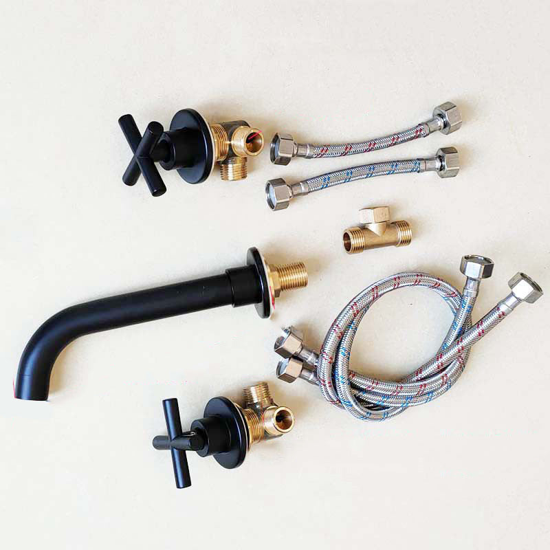 Modern Cross Handle Faucet Solid Color Wall Mounted Bathroom Faucet Black Long Clearhalo 'Bathroom Remodel & Bathroom Fixtures' 'Bathroom Sink Faucets' 'Bathroom Sinks & Faucet Components' 'bathroom_sink_faucets' 'Home Improvement' 'home_improvement' 'home_improvement_bathroom_sink_faucets' 7274489