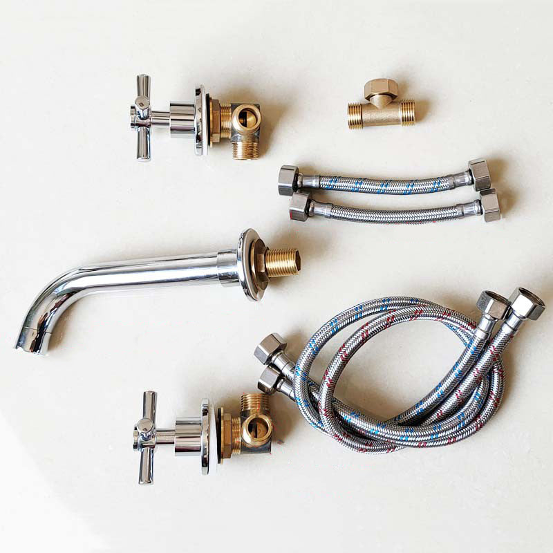 Modern Cross Handle Faucet Solid Color Wall Mounted Bathroom Faucet Silver Long Clearhalo 'Bathroom Remodel & Bathroom Fixtures' 'Bathroom Sink Faucets' 'Bathroom Sinks & Faucet Components' 'bathroom_sink_faucets' 'Home Improvement' 'home_improvement' 'home_improvement_bathroom_sink_faucets' 7274490