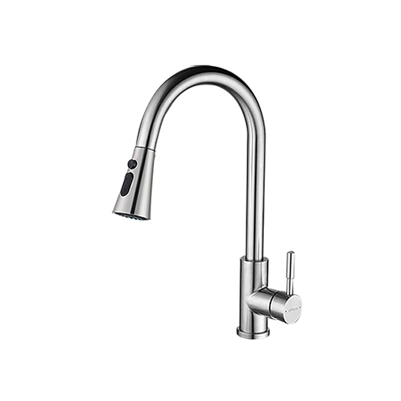 Contemporary Single Handle Kitchen Faucet Pull Out 1 Hold Bar Faucet with No Sensor Silver Tri-Mode Clearhalo 'Home Improvement' 'home_improvement' 'home_improvement_kitchen_faucets' 'Kitchen Faucets' 'Kitchen Remodel & Kitchen Fixtures' 'Kitchen Sinks & Faucet Components' 'kitchen_faucets' 7274519