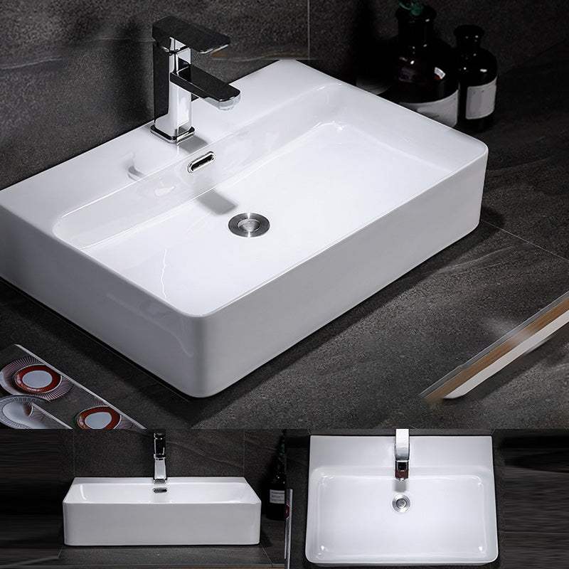 Contemporary Vessel Bathroom Sink Rectangular White Ceramic Overflow Drain Assembly Sink 24"L x 17"W x 5"H Sink with Faucet Clearhalo 'Bathroom Remodel & Bathroom Fixtures' 'Bathroom Sinks & Faucet Components' 'Bathroom Sinks' 'bathroom_sink' 'Home Improvement' 'home_improvement' 'home_improvement_bathroom_sink' 7274542