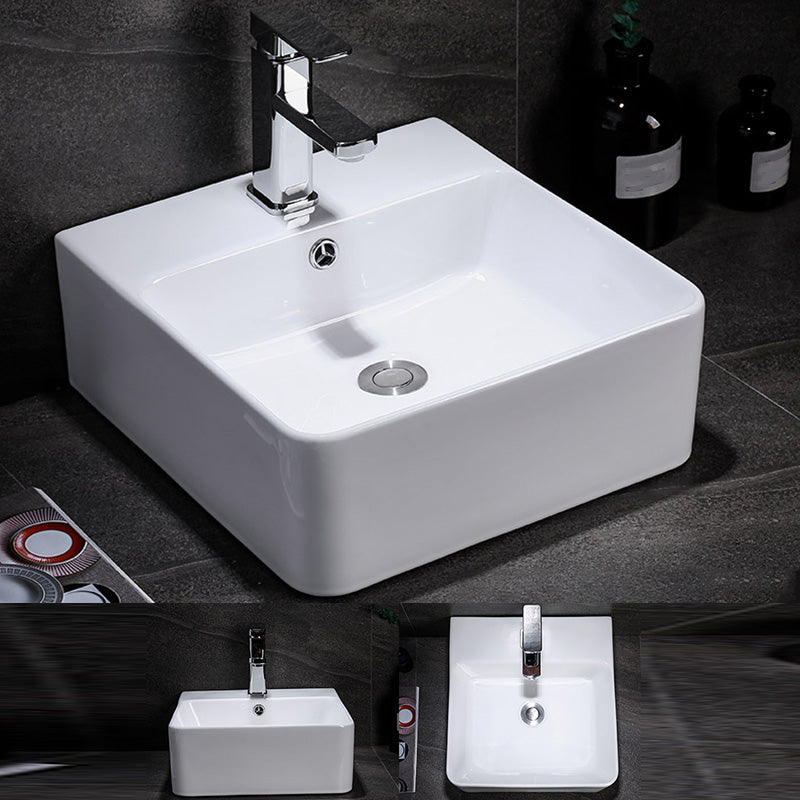 Contemporary Vessel Bathroom Sink Rectangular White Ceramic Overflow Drain Assembly Sink 16"L x 17"W x 6"H Sink with Faucet Clearhalo 'Bathroom Remodel & Bathroom Fixtures' 'Bathroom Sinks & Faucet Components' 'Bathroom Sinks' 'bathroom_sink' 'Home Improvement' 'home_improvement' 'home_improvement_bathroom_sink' 7274545